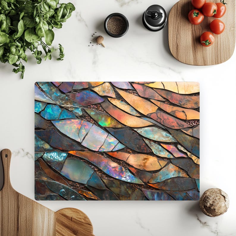 Tabla de cortar con mosaico abstracto / Tabla de cortar de vidrio estilo vidriera opalina / Decoración de cocina bohemia colorida / Regalo único para chefs imagen 3