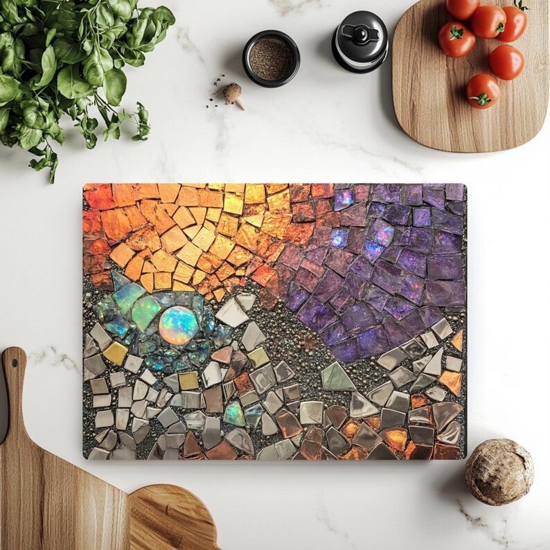 Sun Moon Mosaic Look Cutting Board, Celestial Tempered Glass Board, Abstract Night Sky Kitchen Decor, Faux Gemstone Tray, Glass Counter Art image 3