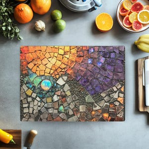 Sun Moon Mosaic Look Cutting Board, Celestial Tempered Glass Board, Abstract Night Sky Kitchen Decor, Faux Gemstone Tray, Glass Counter Art image 6