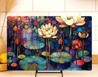Waterlilies Glass Cutting Board, Abstract Pond Kitchen Decor, Boho Floral Glass Counter Art, Botanical Serving Tray, Artistic Gift Idea