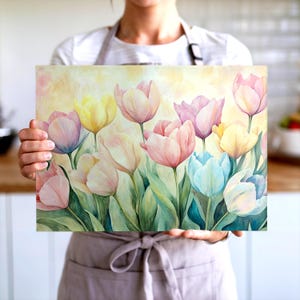Pastel Tulips Glass Cutting Board, Kitchen Decor, Floral Serving Tray, Tempered Glass Kitchen Board, Kitchen Gift, Spring Glass Counter Art