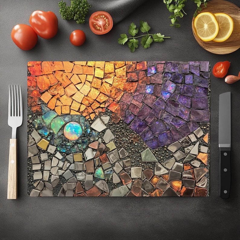 Sun Moon Mosaic Look Cutting Board, Celestial Tempered Glass Board, Abstract Night Sky Kitchen Decor, Faux Gemstone Tray, Glass Counter Art image 5