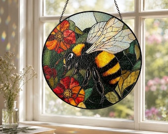Flower and Bee Suncatcher, Stained Glass Look Window Hanging, Acrylic Sun Catcher, Nature Accent, Whimsical Garden Decor, Springtime Gift