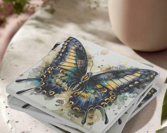 Blue Butterfly Coaster Set of 4, Watercolor Insect Art Cork Coasters, Nature-Inspired Drinkware Gift for Boho Homes