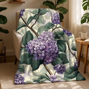 Purple Hydrangea Garden Velveteen Blanket, Cozy Floral Throw, Botanical Flower Bedding, Elegant Cottagecore Home Decor