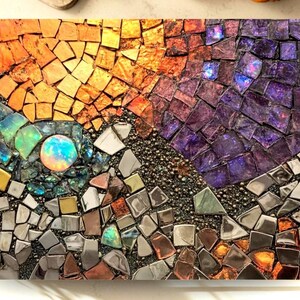 Sun Moon Mosaic Look Cutting Board, Celestial Tempered Glass Board, Abstract Night Sky Kitchen Decor, Faux Gemstone Tray, Glass Counter Art image 2