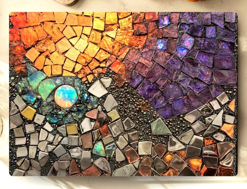 Sun Moon Mosaic Look Cutting Board, Celestial Tempered Glass Board, Abstract Night Sky Kitchen Decor, Faux Gemstone Tray, Glass Counter Art image 2
