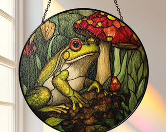 Stained Glass Woodland Frog Suncatcher, Acrylic Suncatcher, Window Decor, Light Catcher Mushroom Charm, Enchanted Forest Home Accent