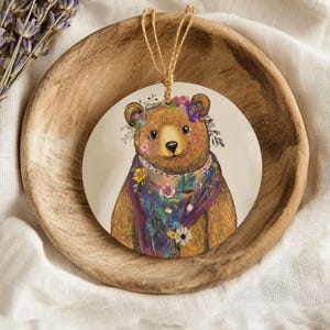 Whimsical Bear White Ceramic Round Ornament, Double-Sided Christmas Tree Decoration, Cute Animal Holiday Keepsake, Forest Animal Ornament