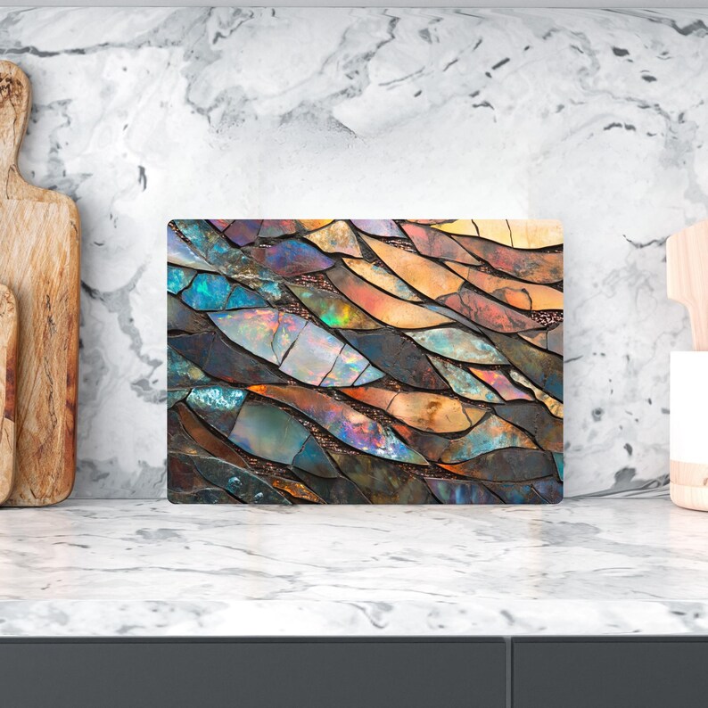 Tabla de cortar con mosaico abstracto / Tabla de cortar de vidrio estilo vidriera opalina / Decoración de cocina bohemia colorida / Regalo único para chefs imagen 4