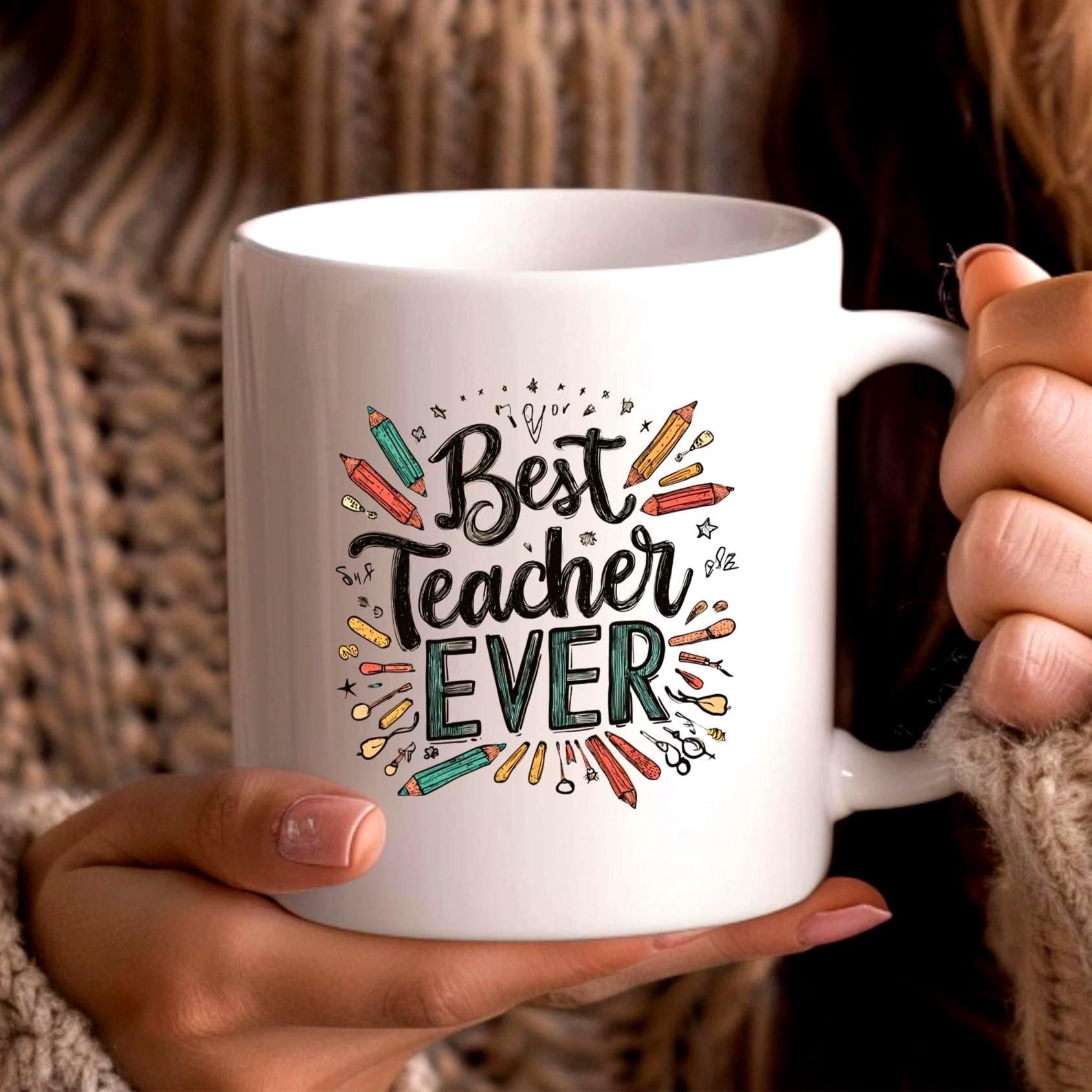 Best Teacher Ever Mug, Typography Teacher Coffee Mug 11oz, Watercolor ...