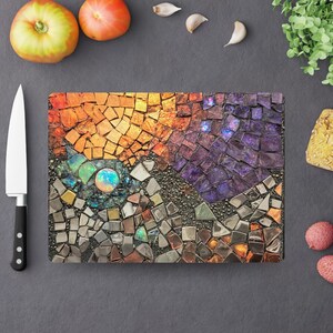 Sun Moon Mosaic Look Cutting Board, Celestial Tempered Glass Board, Abstract Night Sky Kitchen Decor, Faux Gemstone Tray, Glass Counter Art image 8