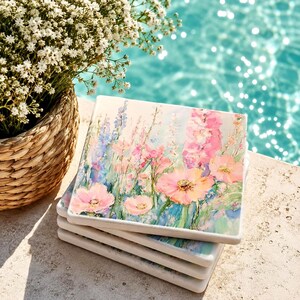 Pastellfarbene Wildblumen-Untersetzer, 4er-Set, hübsches Weihnachtsgeschenk für Blumenliebhaber, Aquarell-Blumen-Korkuntersetzer, Untersetzer im Landhausstil