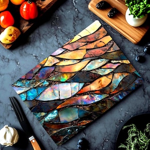 Abstract Mosaic Cutting Board | Opal Stained Glass Style Glass Cutting Board | Colorful Boho Kitchen Decor | Unique Chef Gift