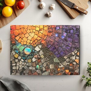 Sun Moon Mosaic Look Cutting Board, Celestial Tempered Glass Board, Abstract Night Sky Kitchen Decor, Faux Gemstone Tray, Glass Counter Art image 7