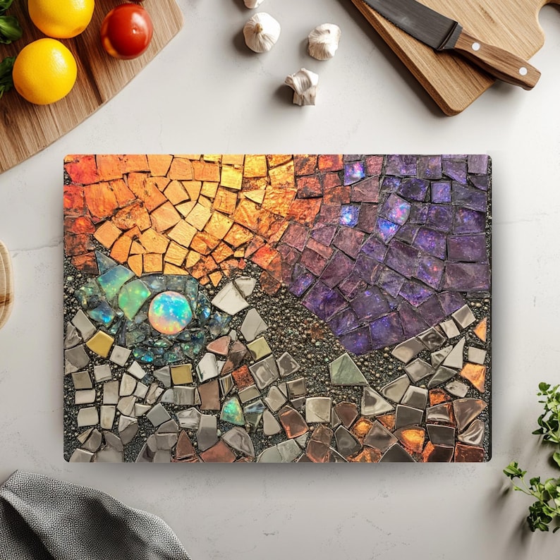 Sun Moon Mosaic Look Cutting Board, Celestial Tempered Glass Board, Abstract Night Sky Kitchen Decor, Faux Gemstone Tray, Glass Counter Art image 7
