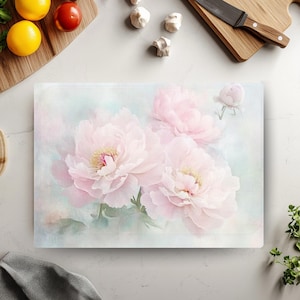Pink Peonies Tempered Glass Cutting Board, Kitchen Decor, Cottage Floral Tray, Glass Kitchen Board, Kitchen Gift, Spring Glass Counter Art