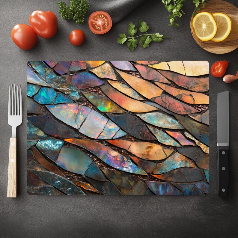Tabla de cortar con mosaico abstracto / Tabla de cortar de vidrio estilo vidriera opalina / Decoración de cocina bohemia colorida / Regalo único para chefs imagen 5