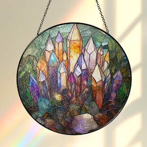 Crystals Stained Glass Suncatcher, Acrylic Suncatcher, Window Hanging, Boho Crystal Decor, Spiritual Sun Catcher, Light Catcher Charm