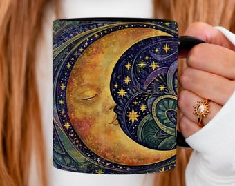 Gouden maan zwarte mok, koffiekopje melkweg sterrenhemel sterrenhemel, drinkgerei celestial night, keramische mok magische ruimte, dromerig cadeau