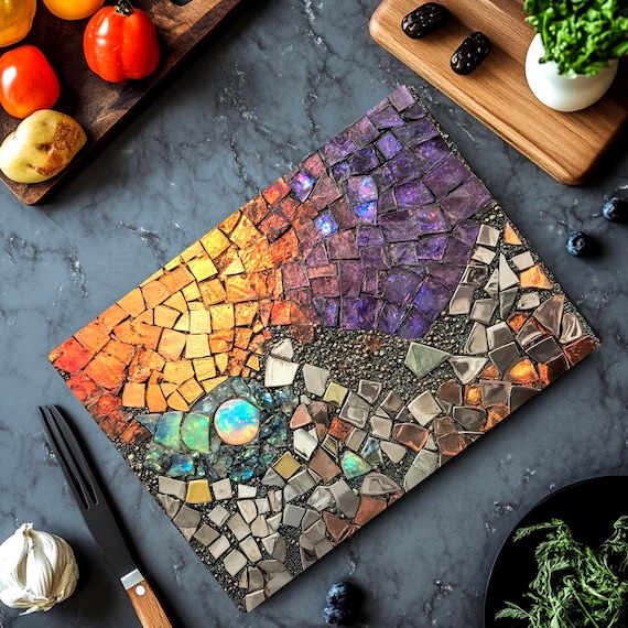 Sun Moon Mosaic Look Cutting Board, Celestial Tempered Glass Board, Abstract Night Sky Kitchen Decor, Faux Gemstone Tray, Glass Counter Art
