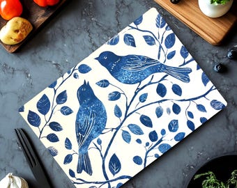 Blue Birds Glass Cutting Board, Glass Counter Art, Kitchen Decor, Nature-Inspired Serving Tray, Animal Tempered Glass, Bird Lover Gift