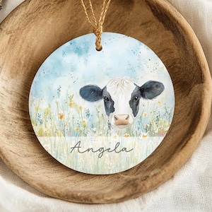 Custom Name Cow Ornament, Personalized Farm Animal Keepsake, Rustic Spring Ceramic Charm, Country Cow Gift for Her, Customized Ornament Gift
