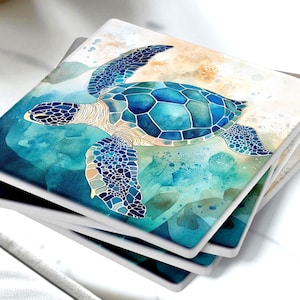 Juego de 4 posavasos para amantes del océano, con diseño de tortuga marina azul, ideal como regalo para el hogar costero, ideal como decoración de playa, decoración náutica de mesa.