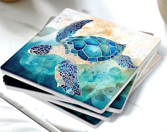 Juego de 4 posavasos para amantes del océano, con diseño de tortuga marina azul, ideal como regalo para el hogar costero, ideal como decoración de playa, decoración náutica de mesa.
