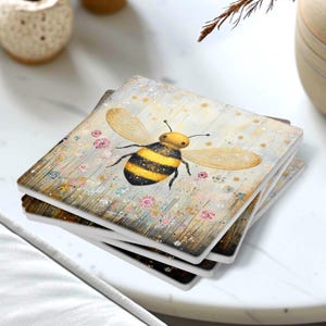 Set of 4 Coasters Gift for Bee Lovers, Bumblebee Coaster Set, Floral Honeybee Decor, Nature-Inspired Gift Idea for Home