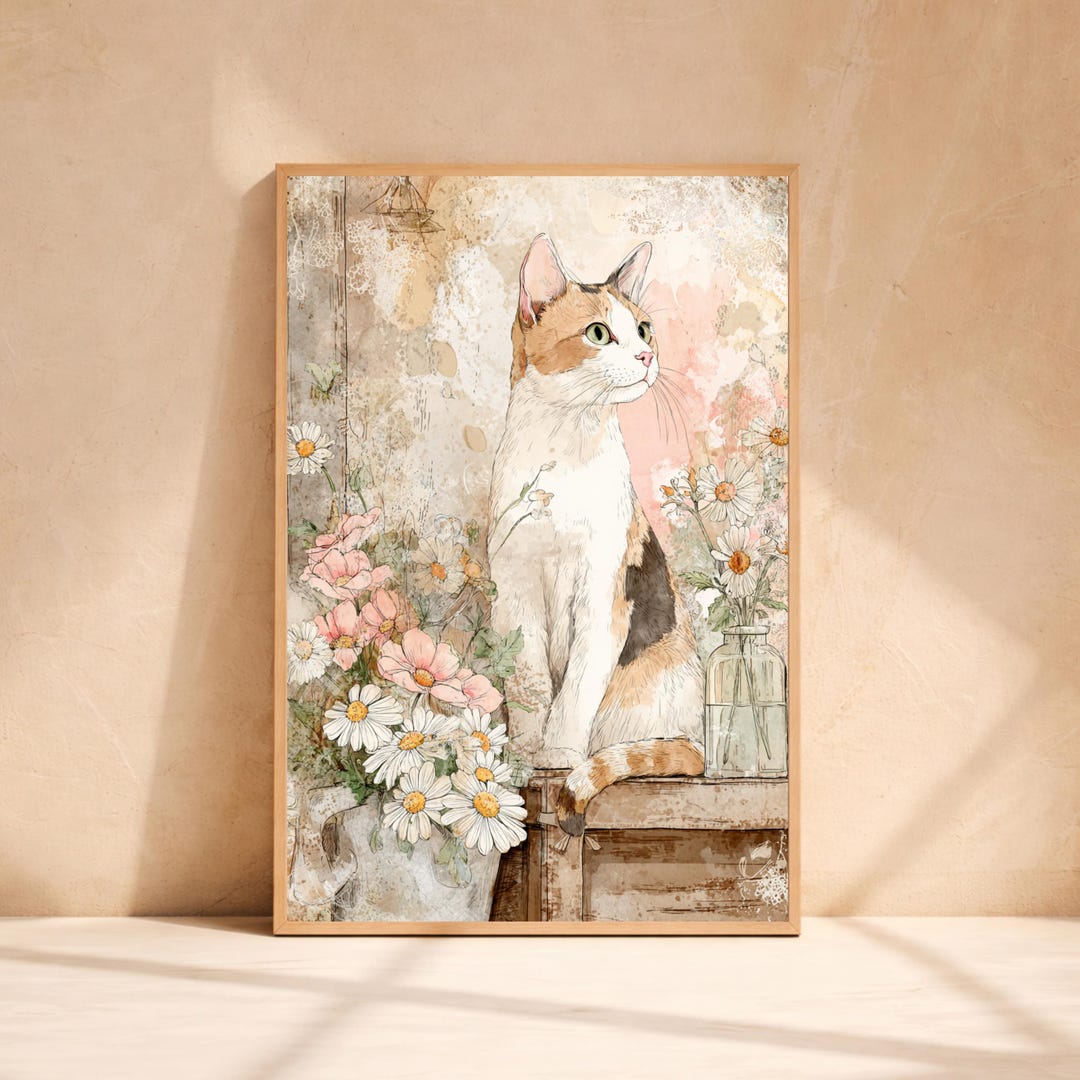 Floral Cat Wall Art Print for Cozy Home Decor, Cottage Style Cat ...