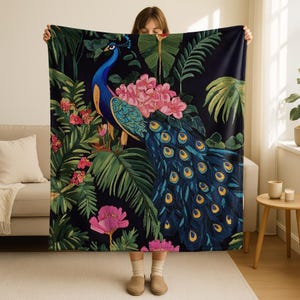 Tropical Peacock Velveteen Blanket, Cozy Sherpa Throw Blanket, Botanical Bird Bed Cover, Faux Embroidery Style Couch Accent, Vibrant Gift