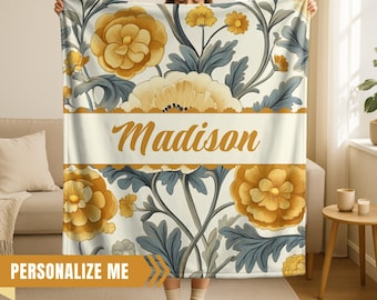 Manta de terciopelo floral dorada personalizada, manta sherpa botánica amarilla, cálida y acogedora, elegante decoración para el hogar inspirada en la naturaleza.