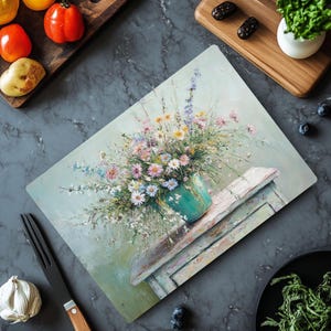 Glass Cutting Board Wildflower Pot, Rustic Kitchen Tray, Tempered Glass Kitchen Board, Farmhouse Serving Board, Glass Counter Art Decor