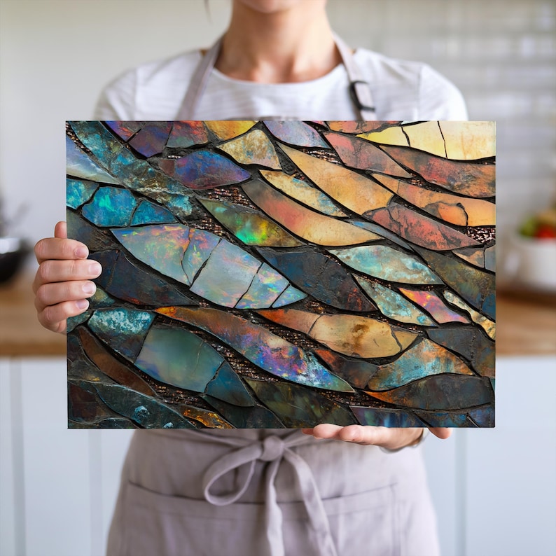 Tabla de cortar con mosaico abstracto / Tabla de cortar de vidrio estilo vidriera opalina / Decoración de cocina bohemia colorida / Regalo único para chefs imagen 2