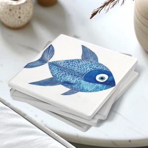 Set of 4 Coasters Gift for Ocean Lovers, Blue Fish Coaster Set, Beach House Gift, Coastal Gift Idea, Housewarming Present