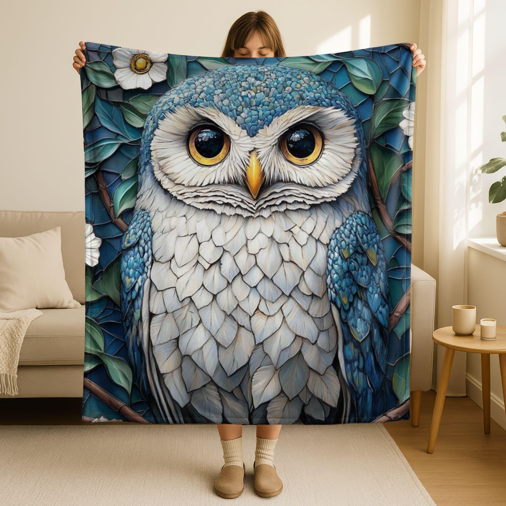 Blue Owl Velveteen Blanket, Sherpa Throw Art, Forest Night Bird Illustration, Soft Warm Bedding, Woo