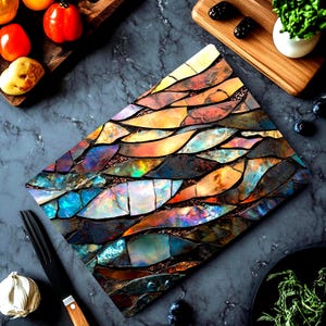 Abstract Mosaic Cutting Board | Opal Stained Glass Style Glass Cutting Board | Colorful Boho Kitchen Decor | Unique Chef Gift
