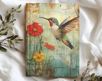 Hummingbird Floral Hardcover Journal, Vibrant Mixed Media Bird Notebook, Colorful Nature Art Diary, Botanical Flower Writing Book Gift