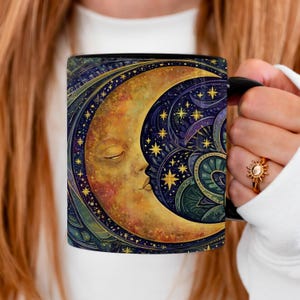 Svart mugg med gyllene måne, kaffekopp med galax och stjärnhimmel, dricksglas med himmelsk natt, keramisk mugg med magisk rymd, drömsk present