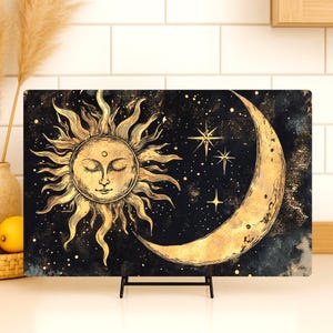 Celestial Sun And Moon Glass Cutting Board, Gold Foil Cosmic Kitchen Decor, Mystical Night Counter Art, Lunar Solar Serving Tray, Boho Gift