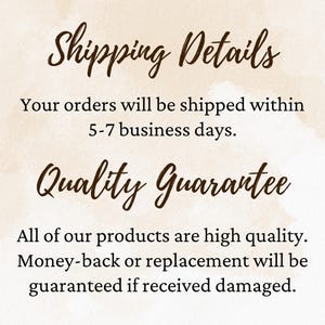 text that provides shipping details and a quality guarantee for the products. The text states that orders will be shipped within 5-7 business days, and that all of the products are high quality, with a guarantee that money-back or replacement will be guaranteed if the product is received damaged.