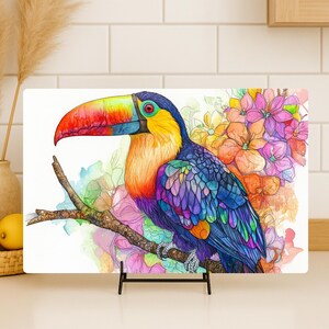 Tabla de cortar de cristal con tucán arcoíris, colorida pieza de arte culinario con forma de ave, bandeja tropical para servir, vibrante decoración boho para la encimera, regalo para amantes de los tucanes