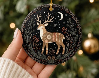Woodland Deer Ornament, Winter Stag Ornament, Rustic Deer Keepsake, Moon Forest Ornament, Deer Lover Gift Decor