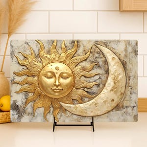 Gold Celestial Glass Cutting Board, Sun and Moon Kitchen Decor, Boho Cosmic Glass Counter Art, Radiant Serving Tray, Astrology Lover Gift