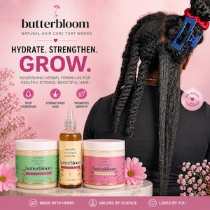 May include: Three butterbloom hair care products including a green jar of deep hair herbal oil mask, a clear bottle of hair growth oil, and a pink jar of hair butter cream. The labels feature text like hydrate, strengthen, grow, and nourish.