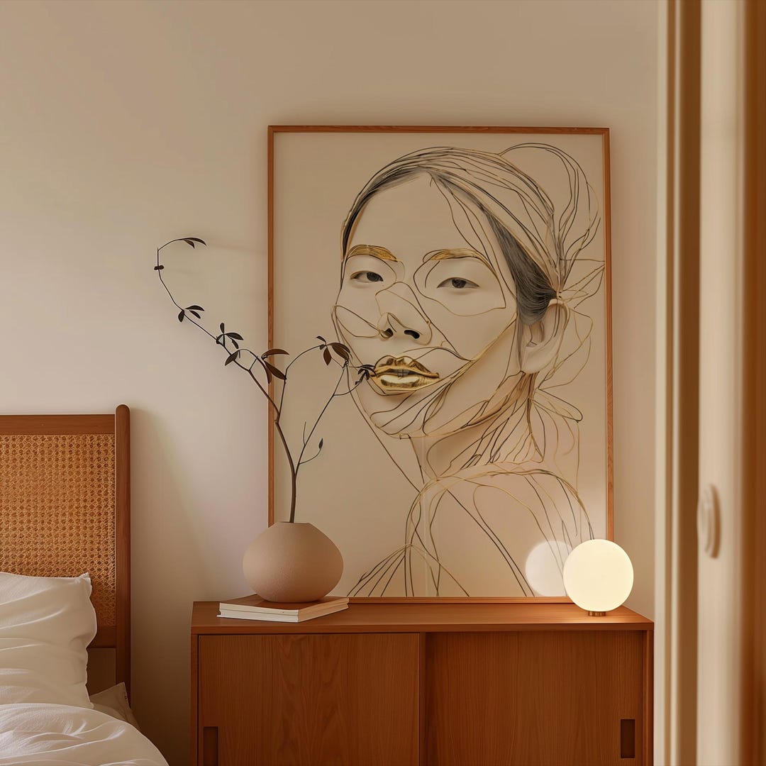 Digital Poster Face Woman Golden Modern Wall Art Poster Female Portrait ...