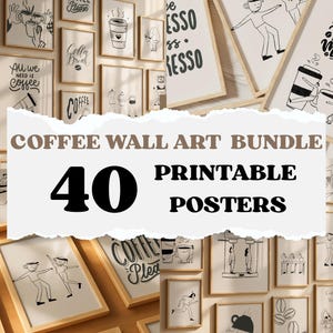 Peut inclure: Un ensemble de 40 affiches imprimables sur le thème du café, encadrées. Les illustrations sont des dessins au trait en noir et blanc de tasses à café, de grains et de personnes, avec des phrases comme "Coffee Please" et "Hug in a Mug".
