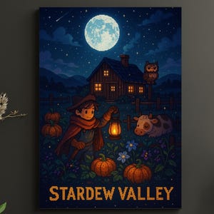 Stardew Valley Farm &#39;Calm Night&#39; Poster Wall Art Print, Cozy Gaming Decor, Video Game Room Poster, Pixel Art Present, Farmhouse