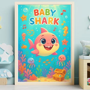 Cartaz vertical para berçário de bebê tubarão, arte de parede para jardim de infância, pré-escola, decoração para presente